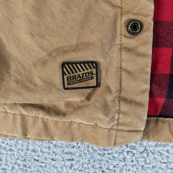 Brazos Work Force Jacket Mens Medium Beige Red Flannel Lined Canvas Work Wear - Picture 5 of 13